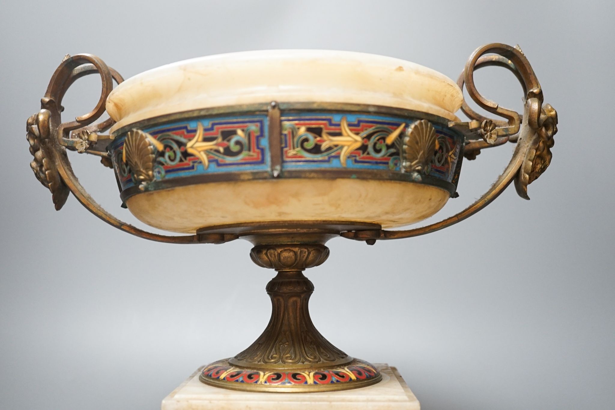 A late 19th century Barbedienne ormolu, champleve enamel and onyx centrepiece 30cm, engraved mark ‘F BARBEDIENNE’